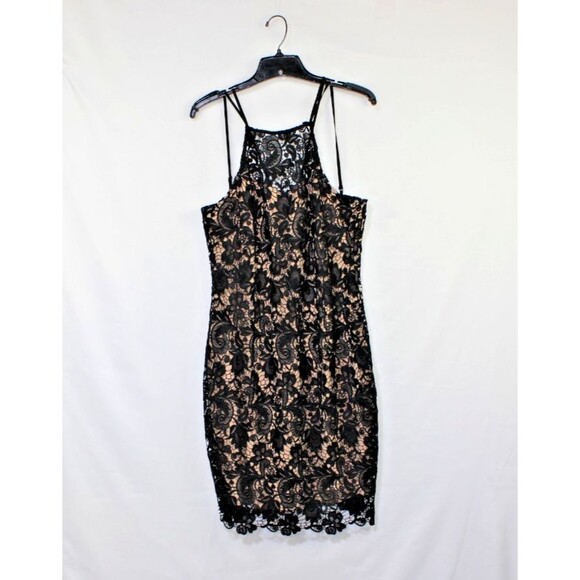 Guess Black Lace Halter Dress Lined Womans Sz Large Spaghetti Straps Cocktail - Picture 1 of 6